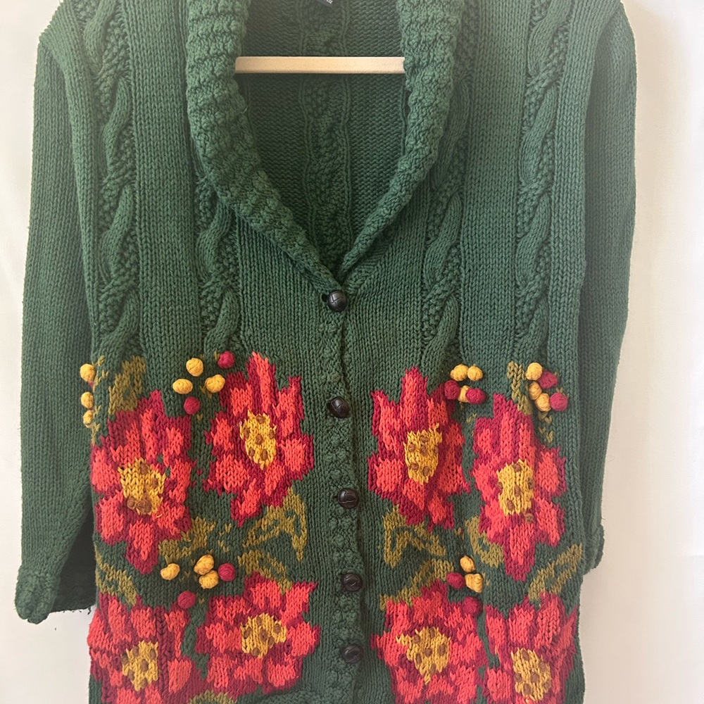 Vibrant Green and Red Cable Knit Cardigan Birch Bros